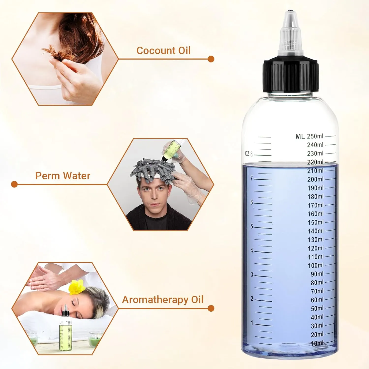 Segbeauty 8.5oz Twist Top Applicator Bottle, 4pcs 250ml Measured Hair Dye Bottles, Clear Empty Hair Oil Bottle with Ratio Graduated Scale, Hair Color Squeeze Bottle Application Bottles for Hair Dyeing