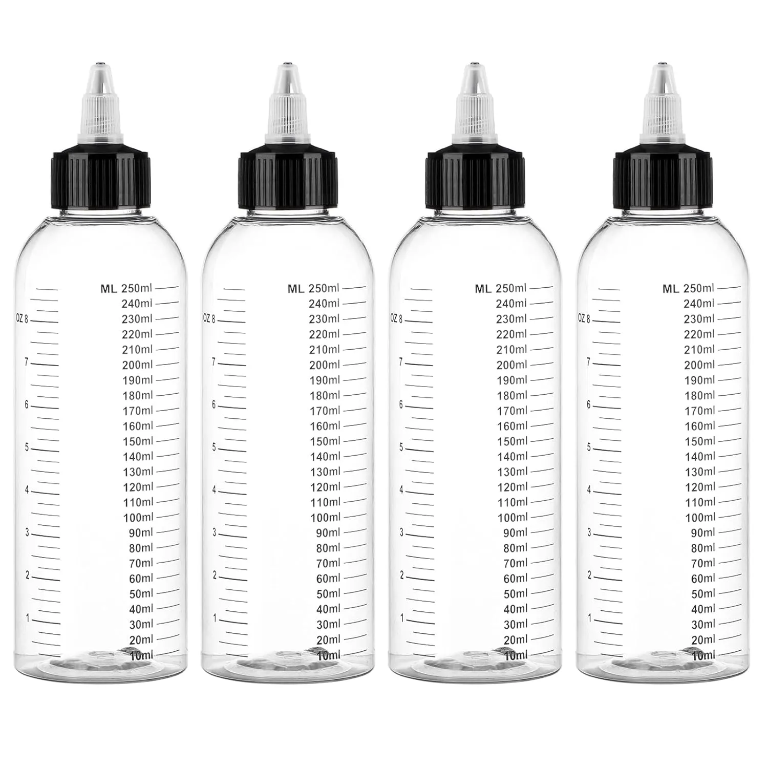 Segbeauty 8.5oz Twist Top Applicator Bottle, 4pcs 250ml Measured Hair Dye Bottles, Clear Empty Hair Oil Bottle with Ratio Graduated Scale, Hair Color Squeeze Bottle Application Bottles for Hair Dyeing