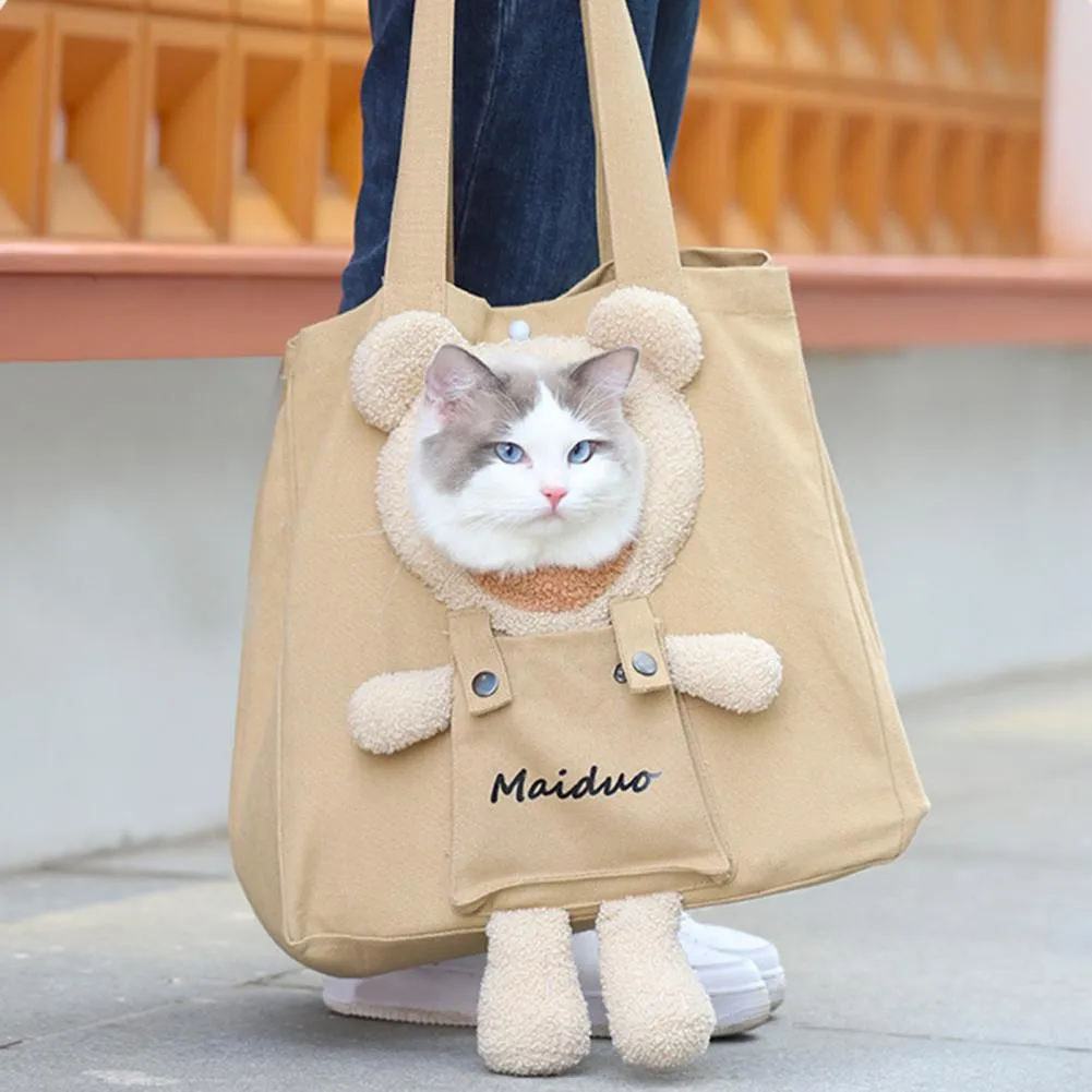 Spacious and Breathable Cat Travel Carrier Bag with Adorable Cartoon Bear Design for Outdoor Adventures