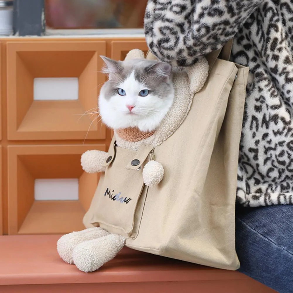 Spacious and Breathable Cat Travel Carrier Bag with Adorable Cartoon Bear Design for Outdoor Adventures