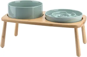 SPUNKYJUNKY Raised Dog Bowls Ceramic Dog Bowls Elevated with Non-Slip Wooden Stand Dog Food Water Bowls for Medium Large Size Dogs(21OZ Slow Feeder 60OZ Bowl,Light Green)