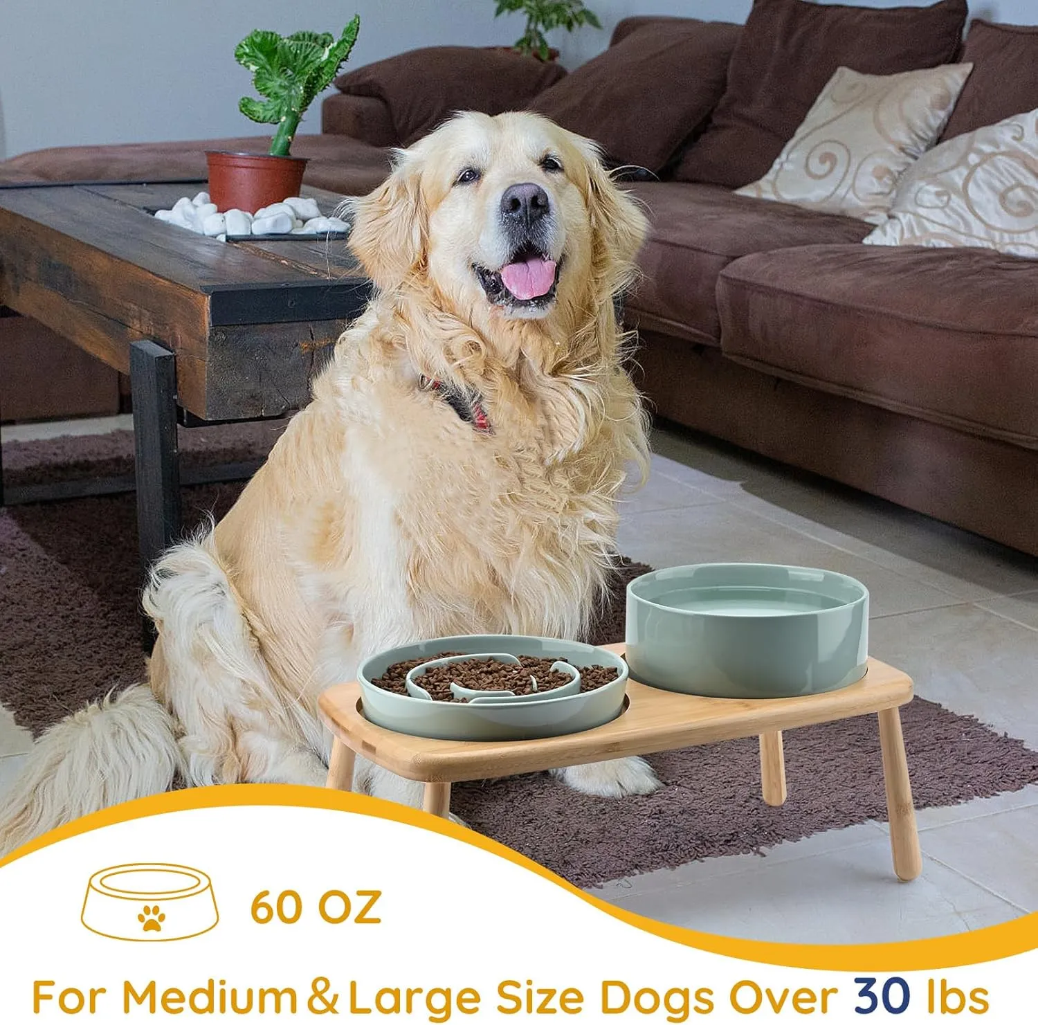 SPUNKYJUNKY Raised Dog Bowls Ceramic Dog Bowls Elevated with Non-Slip Wooden Stand Dog Food Water Bowls for Medium Large Size Dogs(21OZ Slow Feeder 60OZ Bowl,Light Green)