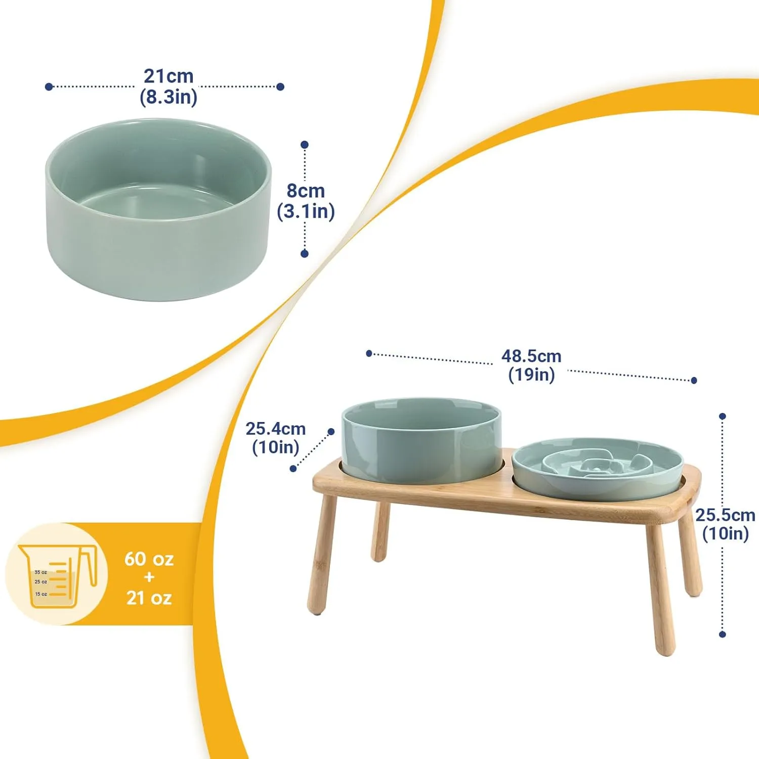 SPUNKYJUNKY Raised Dog Bowls Ceramic Dog Bowls Elevated with Non-Slip Wooden Stand Dog Food Water Bowls for Medium Large Size Dogs(21OZ Slow Feeder 60OZ Bowl,Light Green)