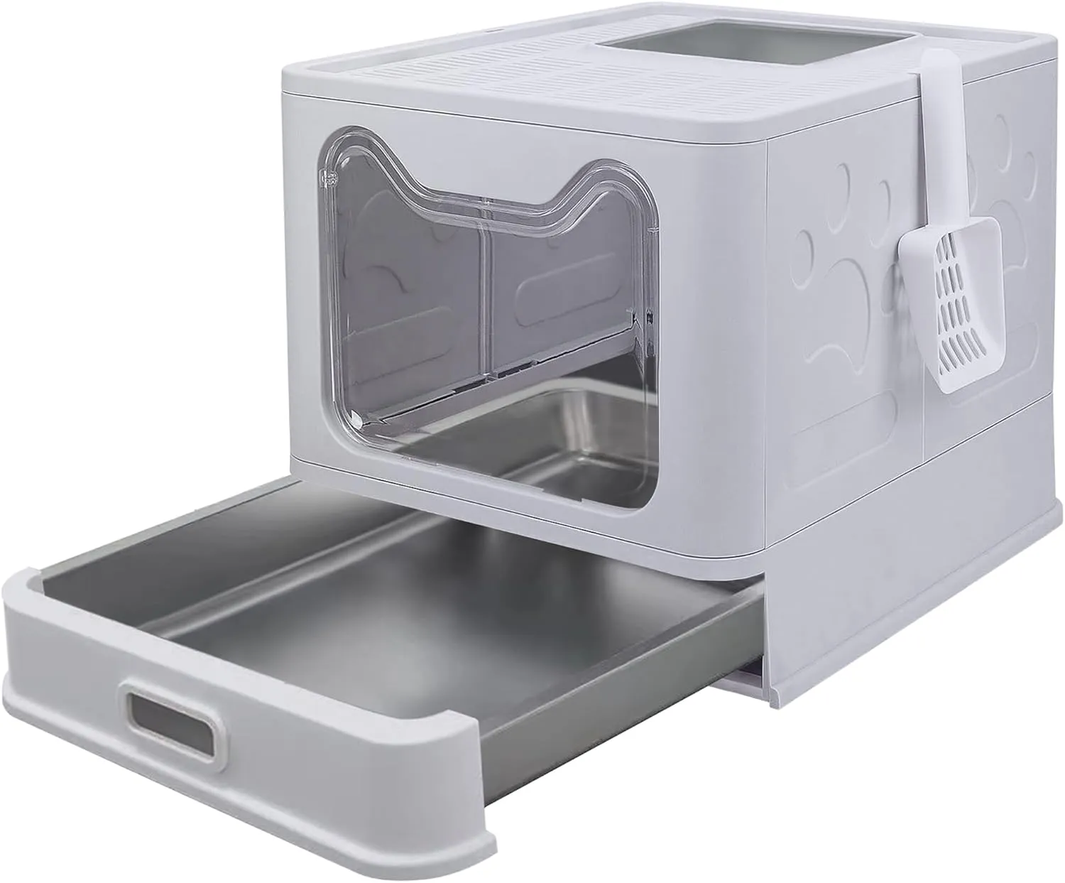 Stainless Steel Foldable Litter Box with Lid,Enclosed Cat Litter Box,Front Entry Top Exit Kitty Litter Box,Large Litter Box with Cat Litter Scoop, for Small to Large Sized Cats(Gray)