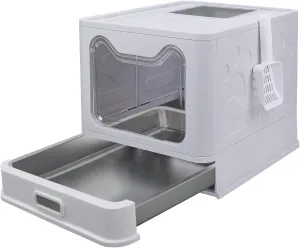 Stainless Steel Foldable Litter Box with Lid,Enclosed Cat Litter Box,Front Entry Top Exit Kitty Litter Box,Large Litter Box with Cat Litter Scoop, for Small to Large Sized Cats(Gray)
