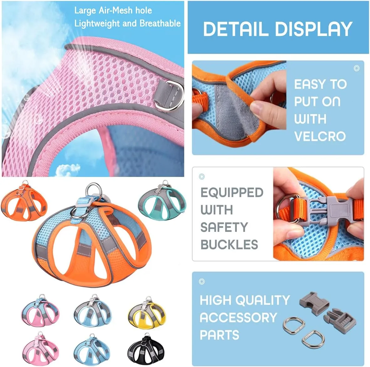 Step-in Pet Harness with a Free 59 inch Leash Included - Breathable Air Mesh for Dogs & Cats, with Reflective Straps, Safe Vest Built with Buckle & Double Metal Rings, Blue & Orange, XS