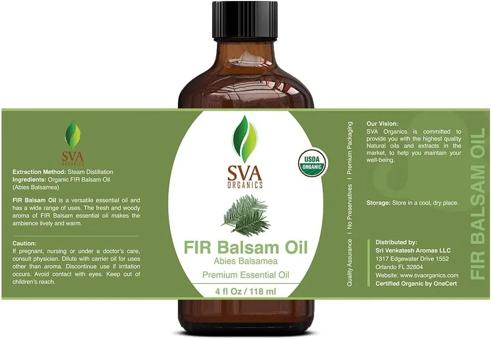 SVA Fir Balsam Essential Oil Organic  4 Fl Oz  100% Natural Organic Fir Oil - for Diffuser, Hair Care, Face, Skin Care, Aromatherapy, Scalp and Body Massage, Soap and Candle Making  with Dropper