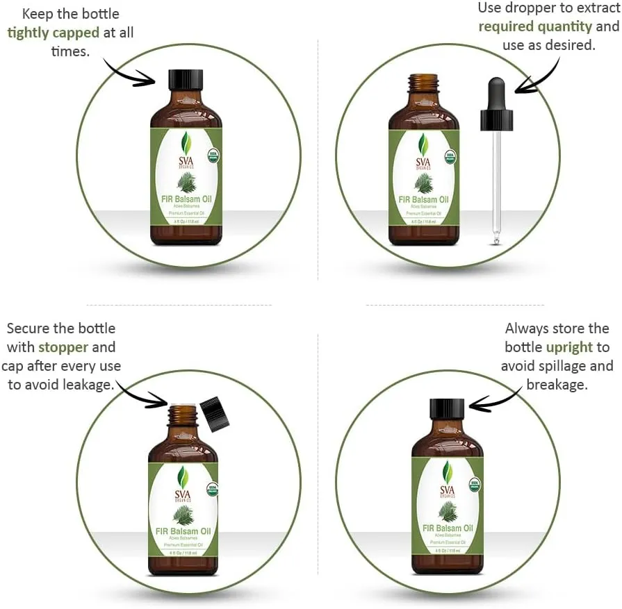 SVA Fir Balsam Essential Oil Organic  4 Fl Oz  100% Natural Organic Fir Oil - for Diffuser, Hair Care, Face, Skin Care, Aromatherapy, Scalp and Body Massage, Soap and Candle Making  with Dropper