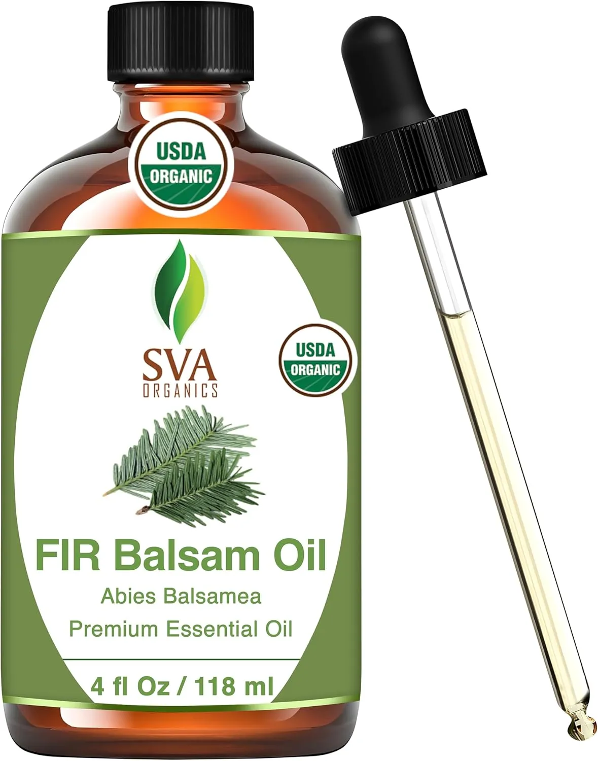 SVA Fir Balsam Essential Oil Organic  4 Fl Oz  100% Natural Organic Fir Oil - for Diffuser, Hair Care, Face, Skin Care, Aromatherapy, Scalp and Body Massage, Soap and Candle Making  with Dropper