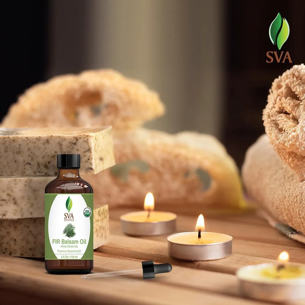 SVA Fir Balsam Essential Oil Organic  4 Fl Oz  100% Natural Organic Fir Oil - for Diffuser, Hair Care, Face, Skin Care, Aromatherapy, Scalp and Body Massage, Soap and Candle Making  with Dropper