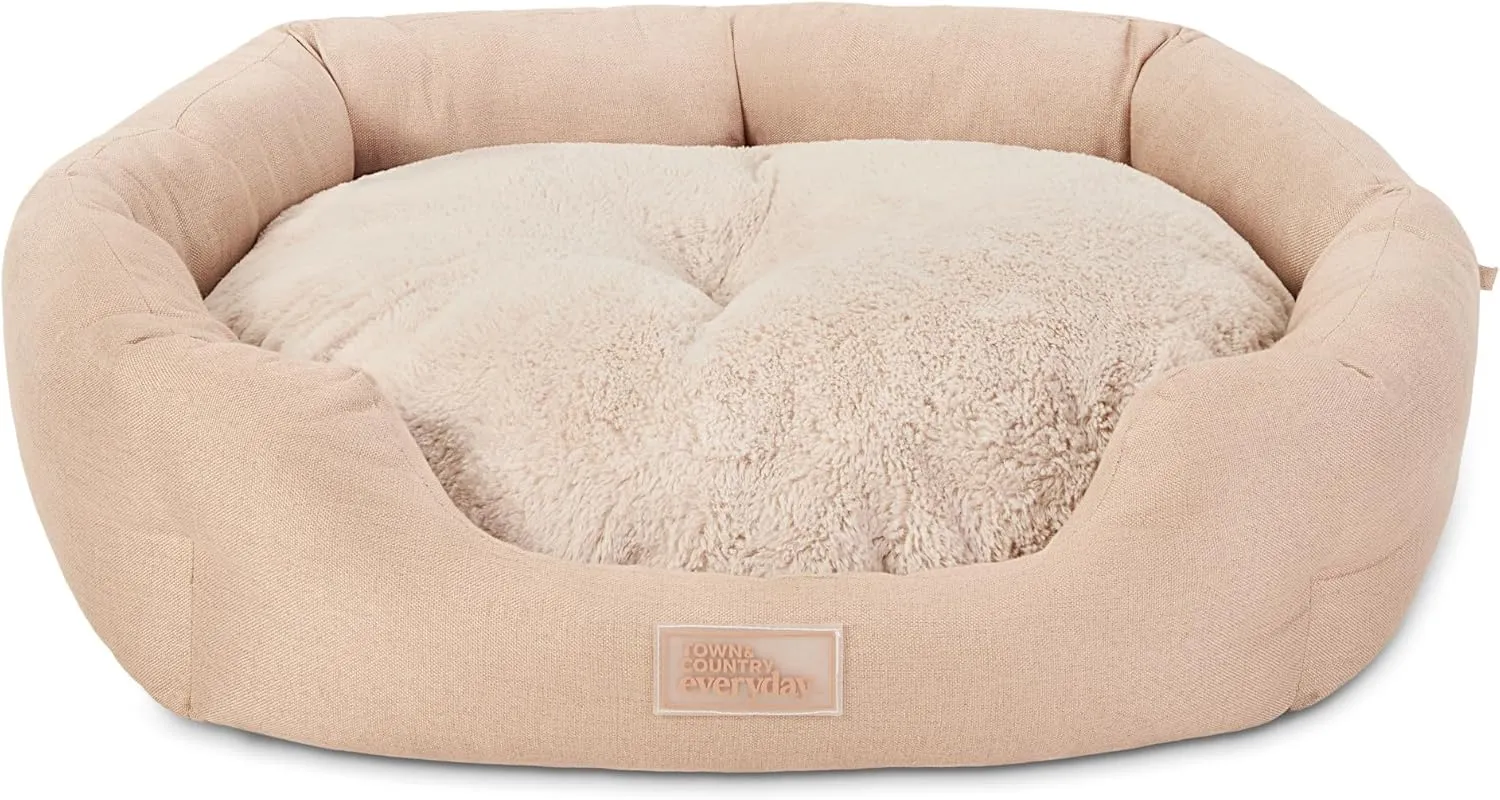 TOWN & COUNTRY EVERYDAY CuddleTown Faux Linen Comfy Cozy Cuddler Pet Bed, Supportive & Calming Egg Crate Foam, Non-Slip Bottom, Machine Washable Cover, Warm Taupe, Medium 28"x26"x8"