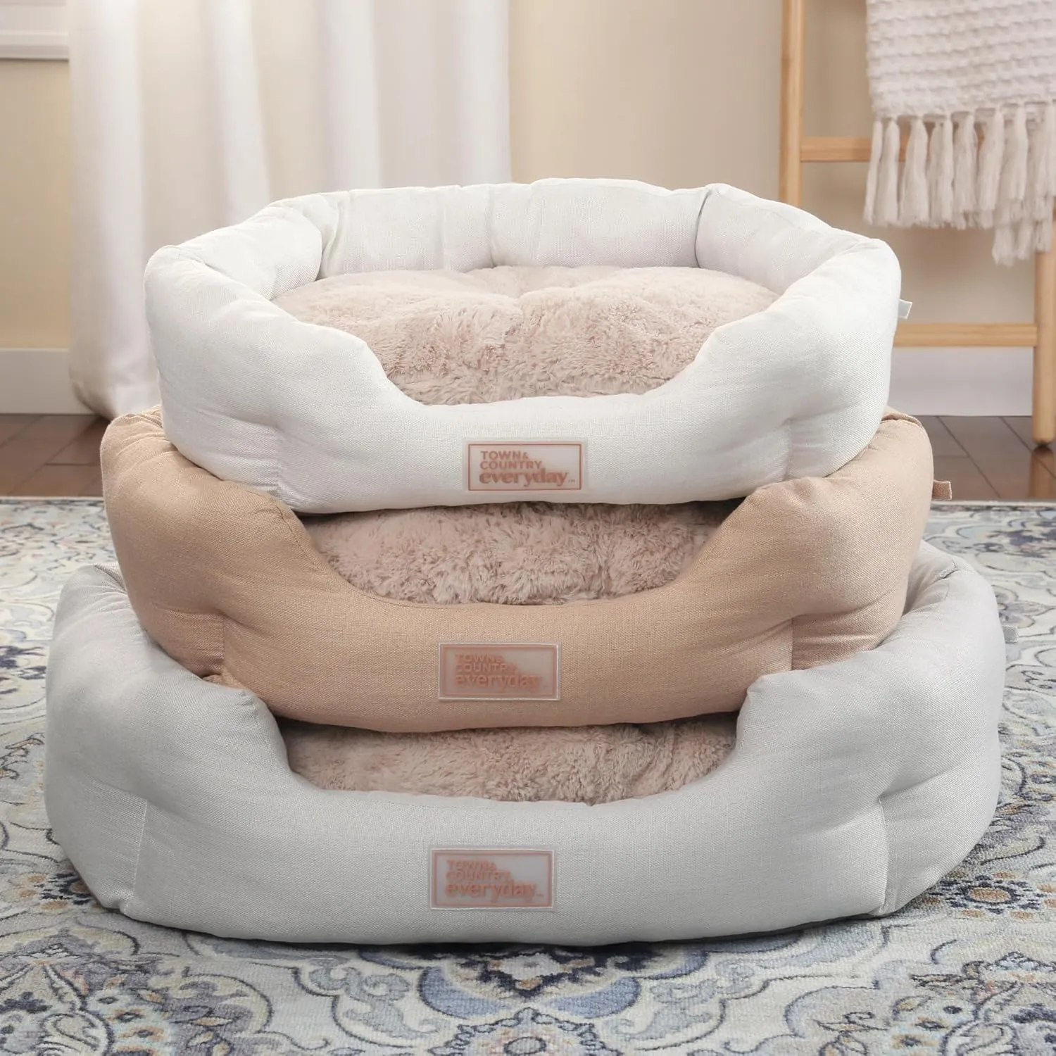TOWN & COUNTRY EVERYDAY CuddleTown Faux Linen Comfy Cozy Cuddler Pet Bed, Supportive & Calming Egg Crate Foam, Non-Slip Bottom, Machine Washable Cover, Warm Taupe, Medium 28"x26"x8"