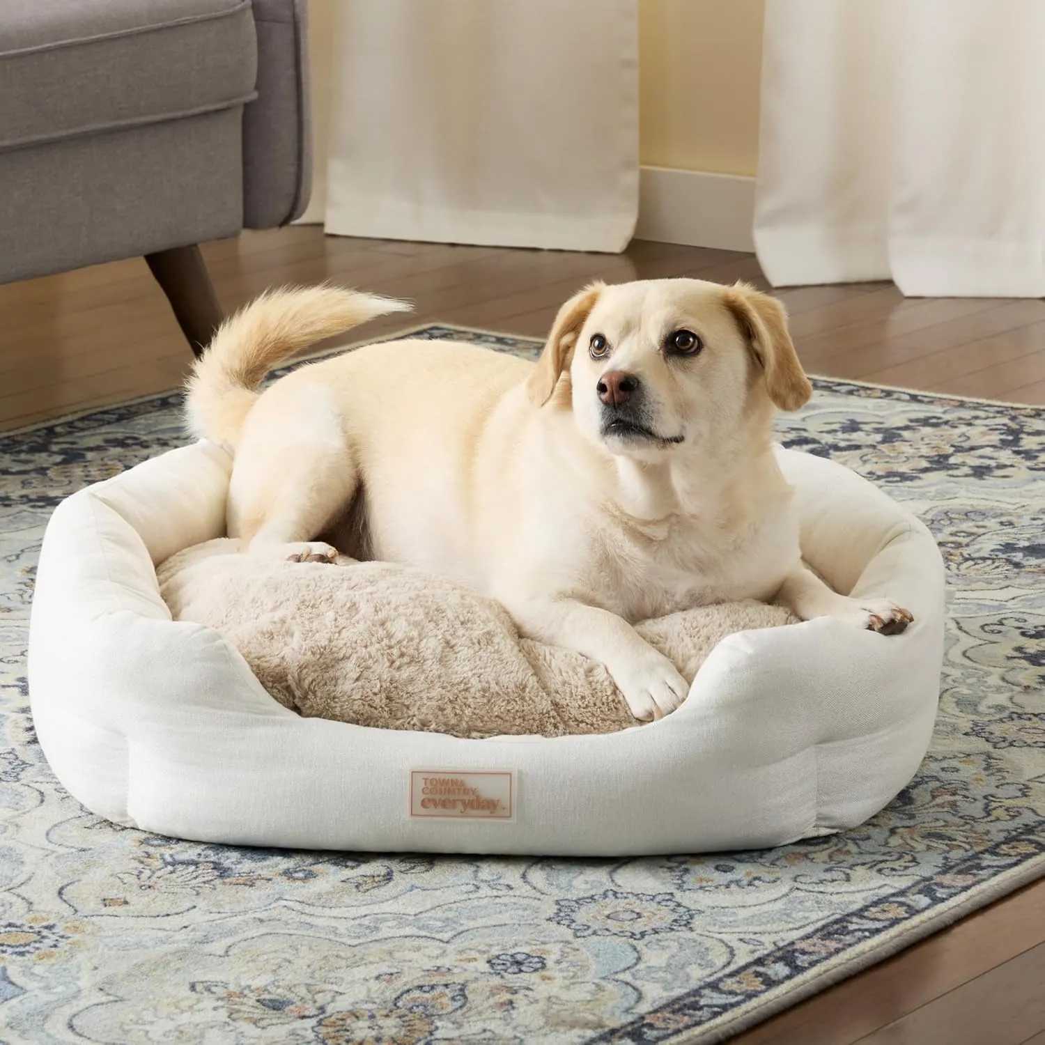 TOWN & COUNTRY EVERYDAY CuddleTown Faux Linen Comfy Cozy Cuddler Pet Bed, Supportive & Calming Egg Crate Foam, Non-Slip Bottom, Machine Washable Cover, Warm Taupe, Medium 28"x26"x8"