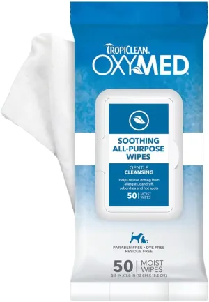 TropiClean Oxymed Soothing Allover Cat & Dog Wipes For Paws And Butt | Anti Itch Relief For Dogs & Cats 50 Count