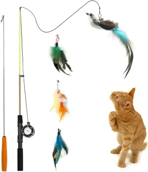 Trumoon Retractable Cat Teaser Wand Toy, Cat Toys for Indoor Outdoor Cats Interactive Fishing Rod with 4 PCS Refills Feather Toy, Interactive Bird Toys for Indoor Kittens