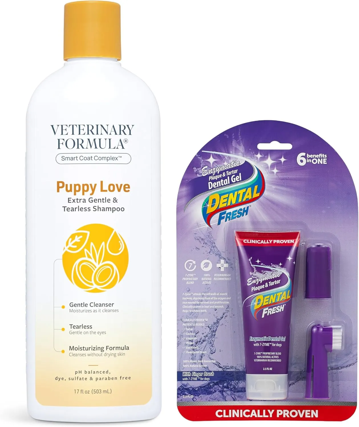 Veterinary Formula Smart Coat Complex Puppy Love Extra Gentle Tearless Shampoo, 17 Fl oz   Dental Fresh Enzymatic Gel Finger Toothbrush Kit for Dogs, 2-Piece Bundle