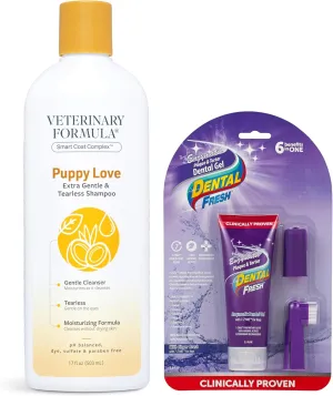 Veterinary Formula Smart Coat Complex Puppy Love Extra Gentle Tearless Shampoo, 17 Fl oz   Dental Fresh Enzymatic Gel Finger Toothbrush Kit for Dogs, 2-Piece Bundle