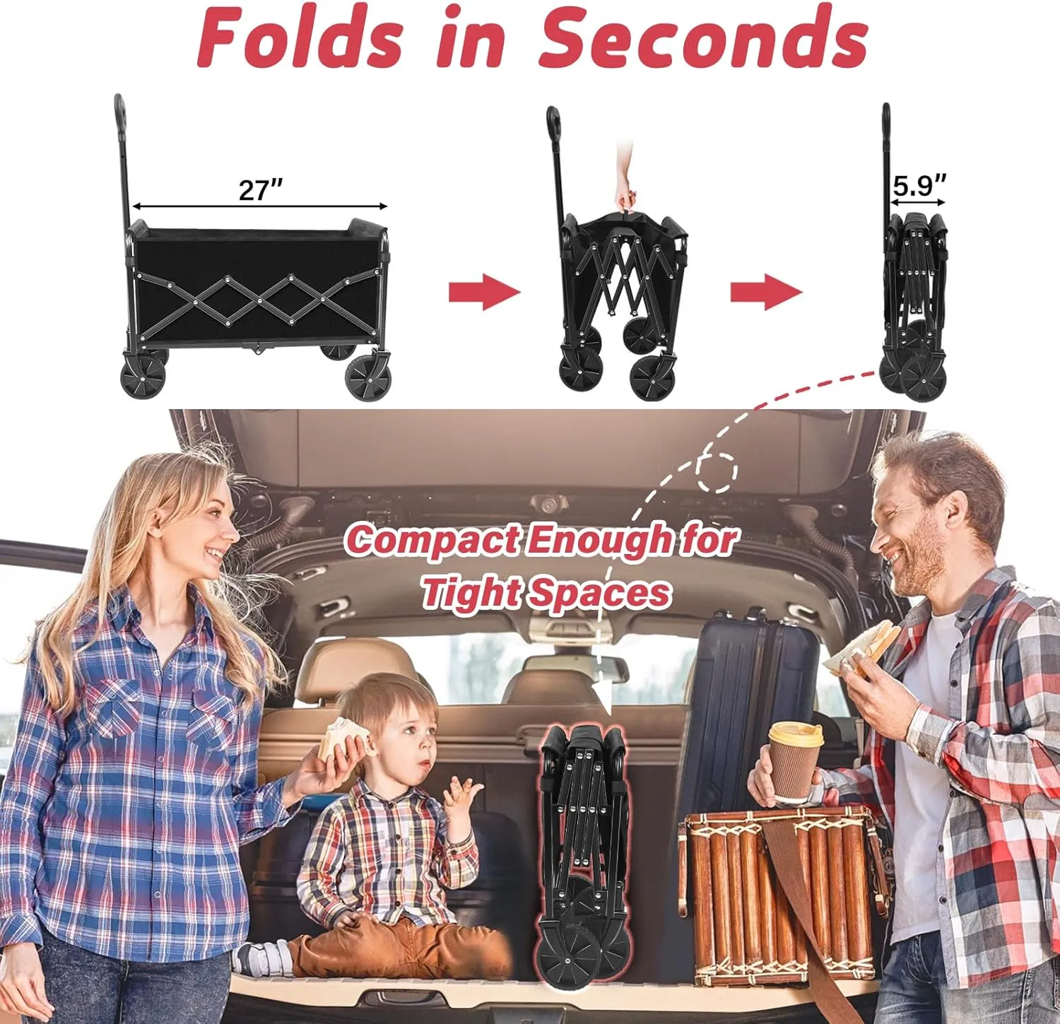Wagons Carts Foldable - Collapsible Wagon Cart - Foldable Wagon Cart with Wheels Lightweight 300LBS for Beach, Sports Camping, Grocery and Garden