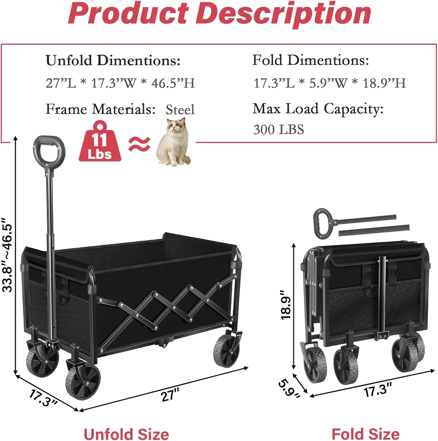 Wagons Carts Foldable - Collapsible Wagon Cart - Foldable Wagon Cart with Wheels Lightweight 300LBS for Beach, Sports Camping, Grocery and Garden