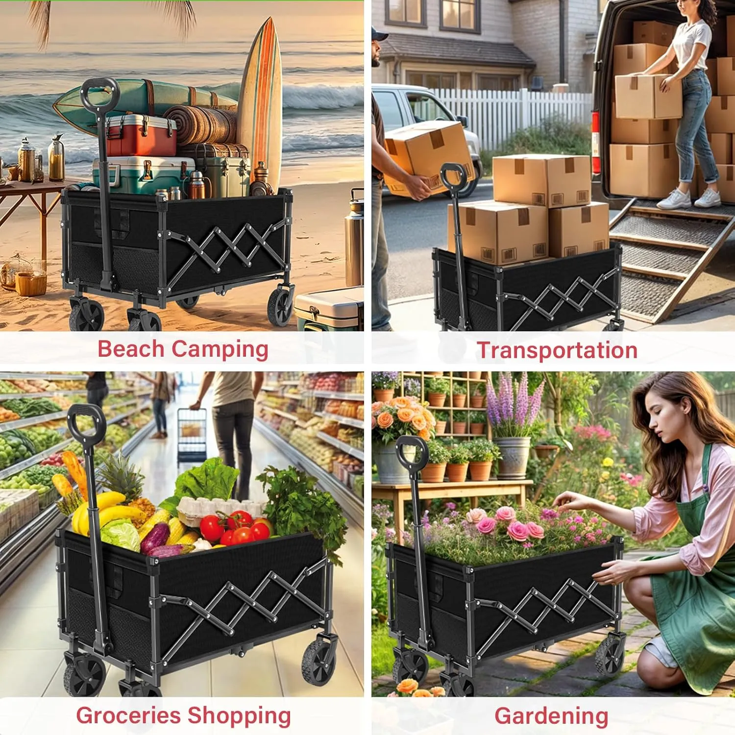 Wagons Carts Foldable - Collapsible Wagon Cart - Foldable Wagon Cart with Wheels Lightweight 300LBS for Beach, Sports Camping, Grocery and Garden