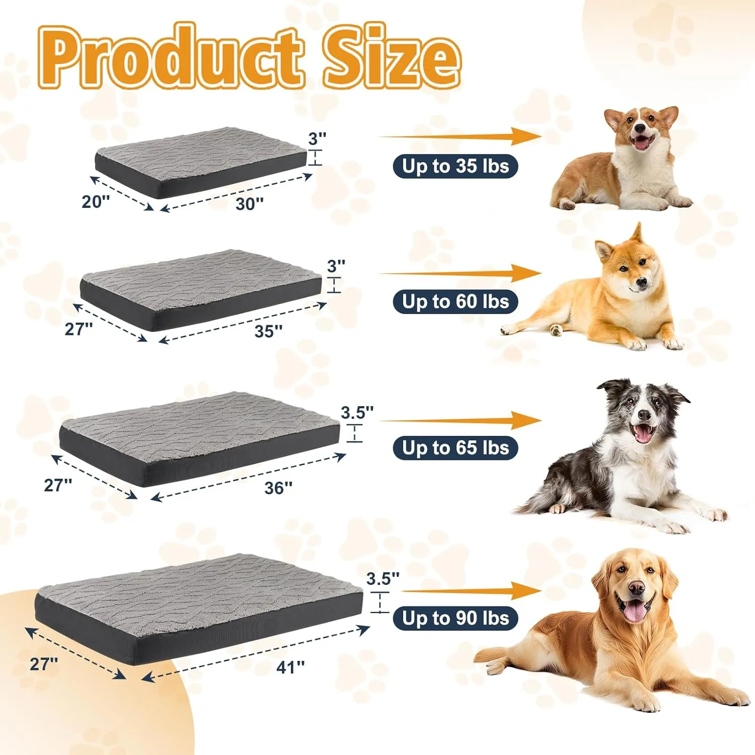 Waterproof Dog Crate Bed - Soft Fluffy Memory Foam Dog Bed with Anti-Slip Bottom, Machine Washable Squishmallow Pet Bed for Medium Large Dogs, 35"x22"x3", Grey