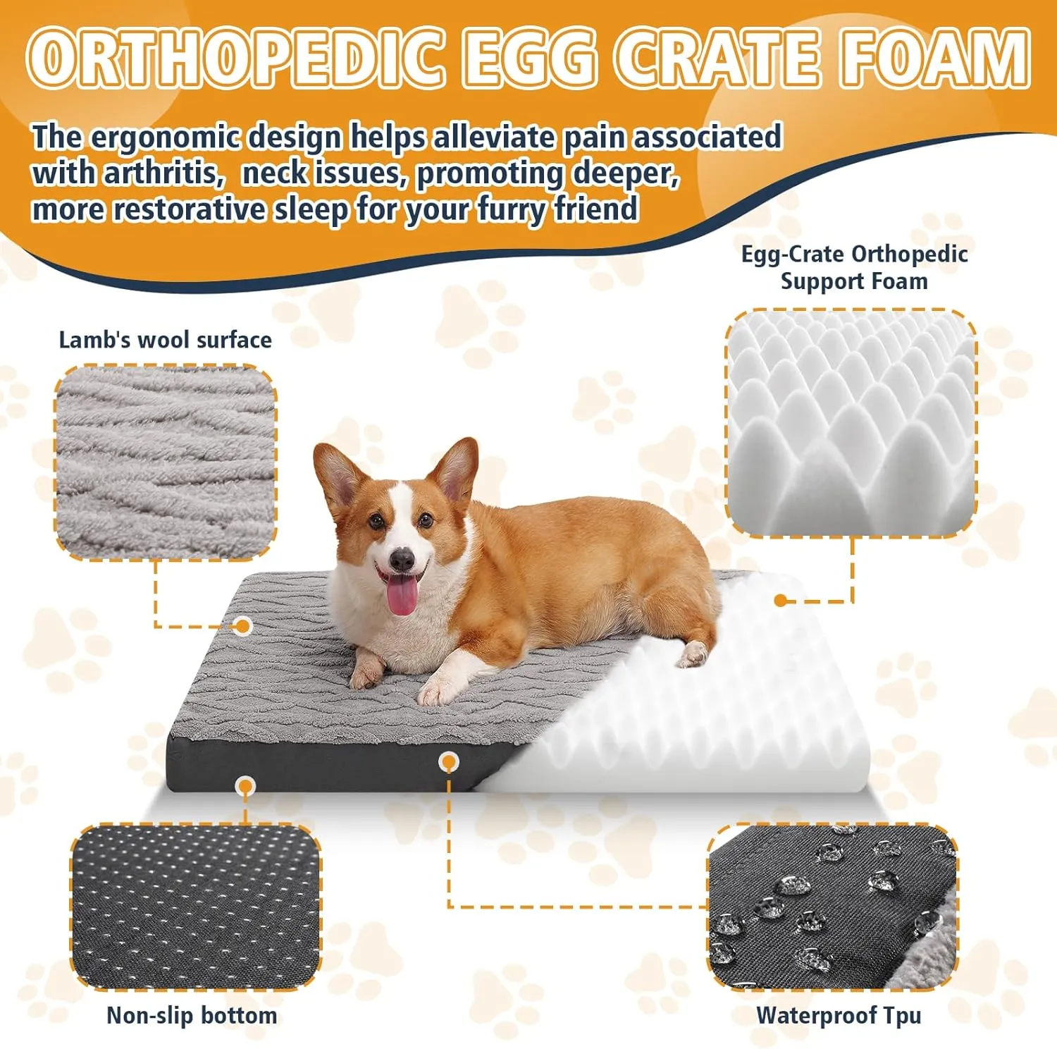 Waterproof Dog Crate Bed - Soft Fluffy Memory Foam Dog Bed with Anti-Slip Bottom, Machine Washable Squishmallow Pet Bed for Medium Large Dogs, 35"x22"x3", Grey