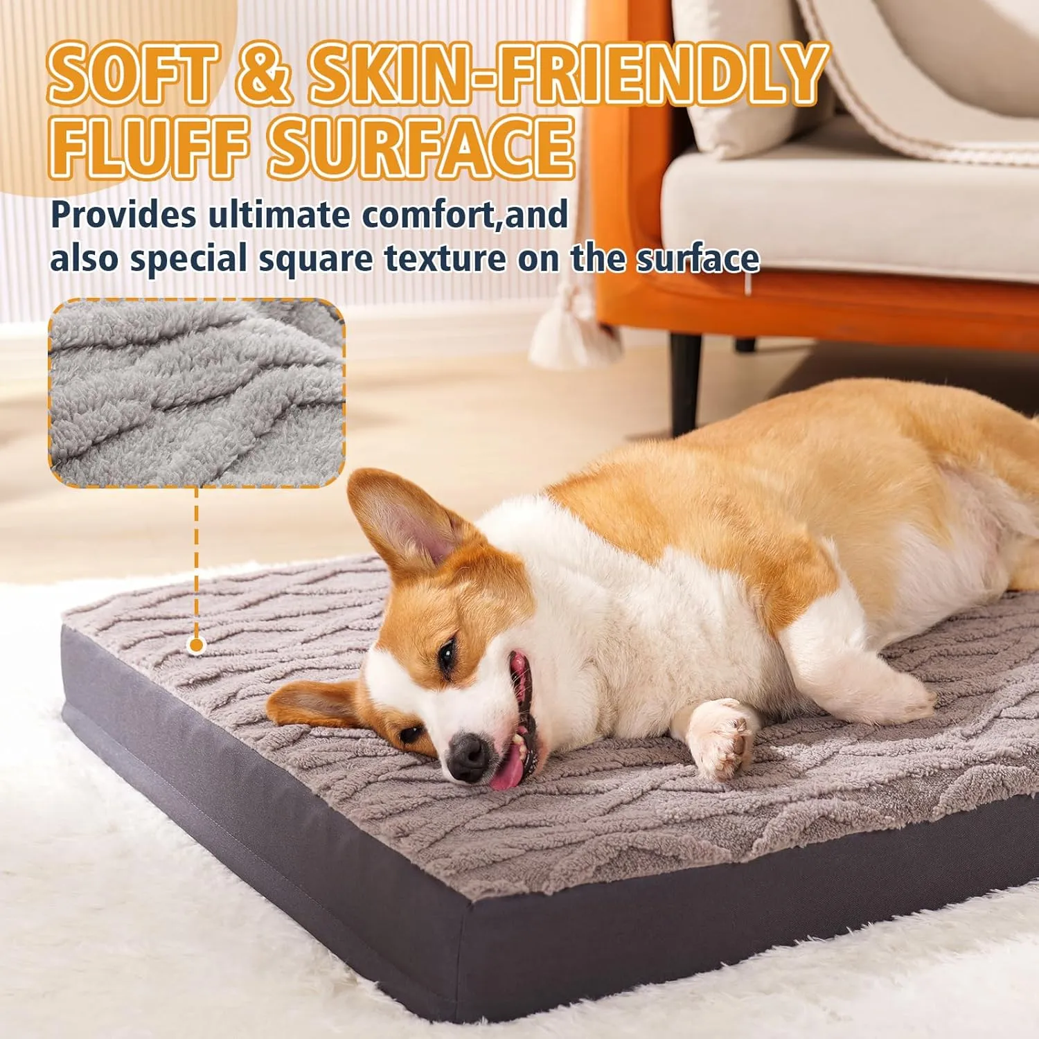 Waterproof Dog Crate Bed - Soft Fluffy Memory Foam Dog Bed with Anti-Slip Bottom, Machine Washable Squishmallow Pet Bed for Medium Large Dogs, 35"x22"x3", Grey