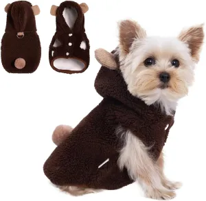Winter Small Dog Double Fleece Hoodie, Cute Warm Sleeveless Buckle Sweater for Teacup Chihuahua Yorkshire, Coat for Small Medium Dogs and Cats (Brown,Small)