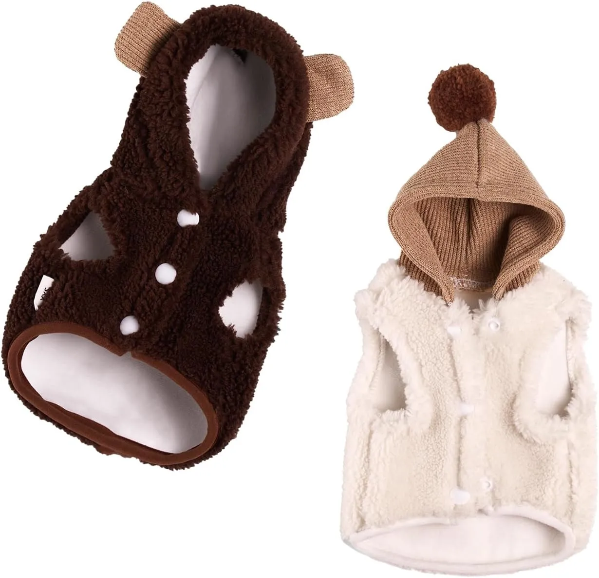 Winter Small Dog Double Fleece Hoodie, Cute Warm Sleeveless Buckle Sweater for Teacup Chihuahua Yorkshire, Coat for Small Medium Dogs and Cats (Brown,Small)