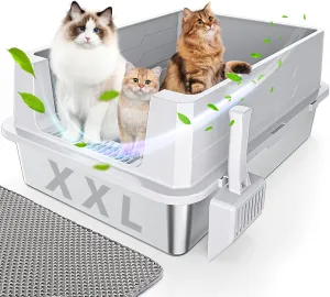 XXL Stainless Steel Cat Litter Box High Sides with Lid, 28"x20" Extra Large Cat Litter Box for Big Cats & Multiple Cats, No Odor Metal Cat Litter Box XXL, Anti-Leakage, Non-Sticky, Clean Easily