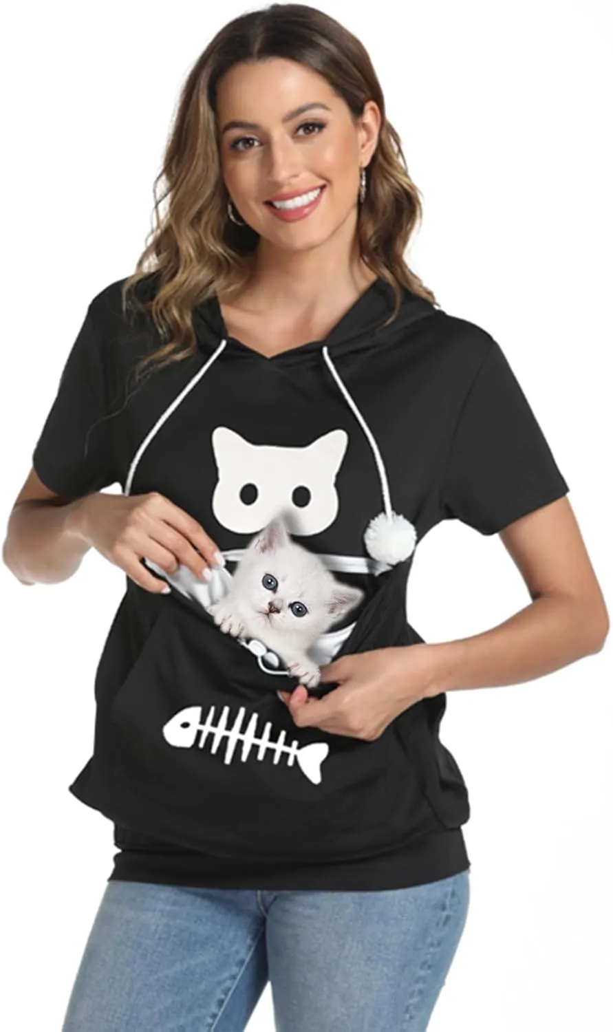 YYW Cat Pouch Hoodie Short Sleeve Puppy Kitten Pet Holder Carrier Hoodies Unisex Summer(Pattern A-Black, XL)