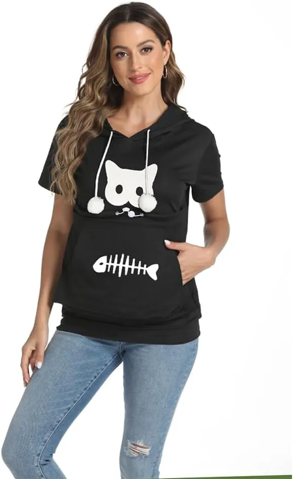 YYW Cat Pouch Hoodie Short Sleeve Puppy Kitten Pet Holder Carrier Hoodies Unisex Summer(Pattern A-Black, XL)