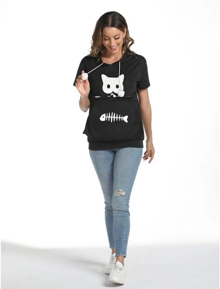 YYW Cat Pouch Hoodie Short Sleeve Puppy Kitten Pet Holder Carrier Hoodies Unisex Summer(Pattern A-Black, XL)