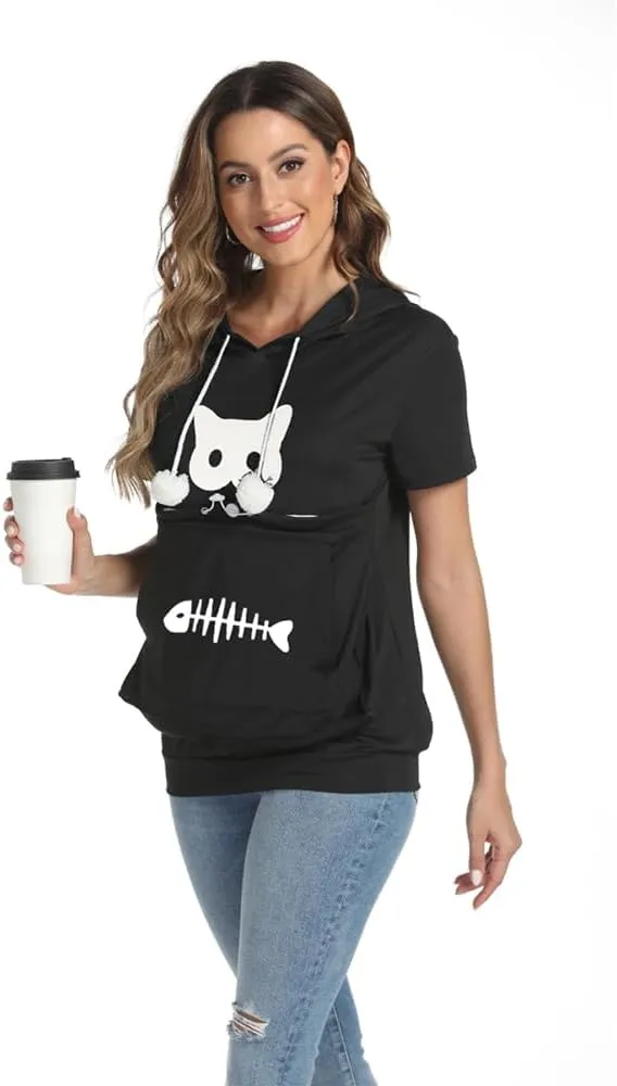 YYW Cat Pouch Hoodie Short Sleeve Puppy Kitten Pet Holder Carrier Hoodies Unisex Summer(Pattern A-Black, XL)