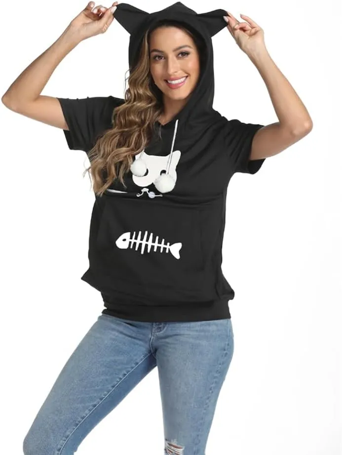 YYW Cat Pouch Hoodie Short Sleeve Puppy Kitten Pet Holder Carrier Hoodies Unisex Summer(Pattern A-Black, XL)