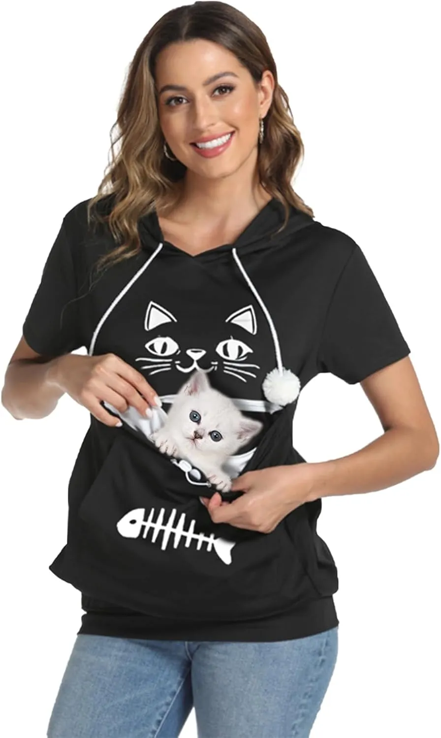 YYW Cat Pouch Hoodie Short Sleeve Puppy Kitten Pet Holder Carrier Hoodies Unisex Summer(Pattern B-Black, XL)
