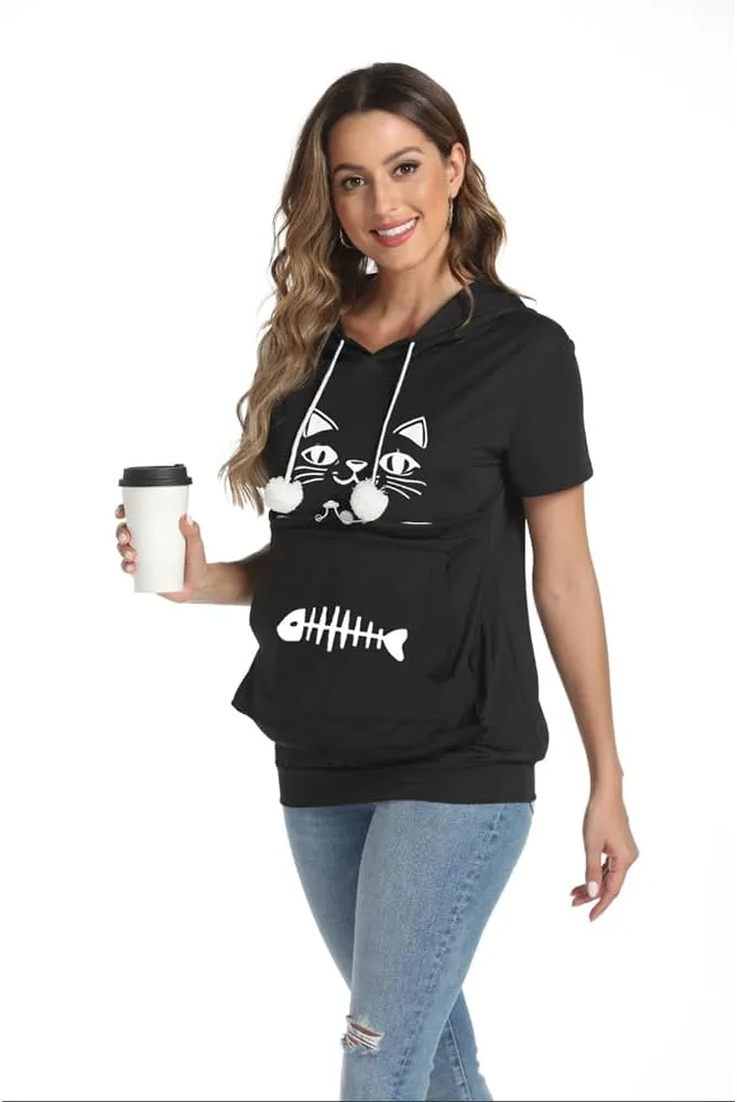 YYW Cat Pouch Hoodie Short Sleeve Puppy Kitten Pet Holder Carrier Hoodies Unisex Summer(Pattern B-Black, XL)