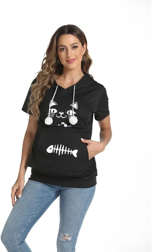 YYW Cat Pouch Hoodie Short Sleeve Puppy Kitten Pet Holder Carrier Hoodies Unisex Summer(Pattern B-Black, XL)