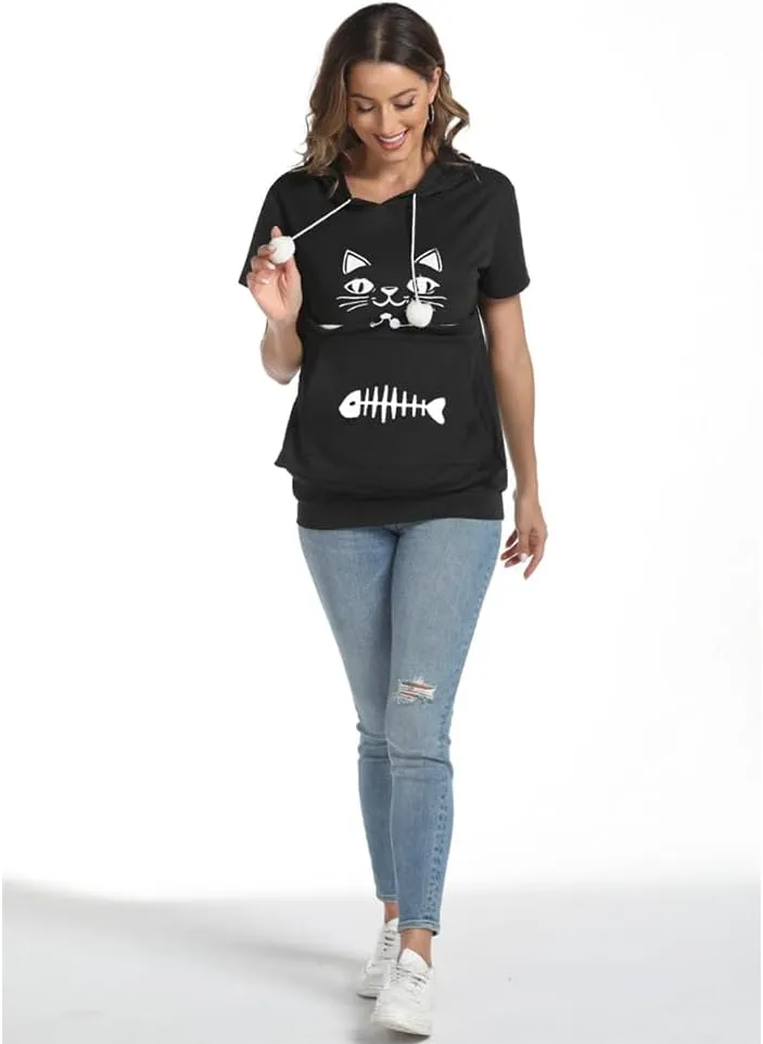 YYW Cat Pouch Hoodie Short Sleeve Puppy Kitten Pet Holder Carrier Hoodies Unisex Summer(Pattern B-Black, XL)